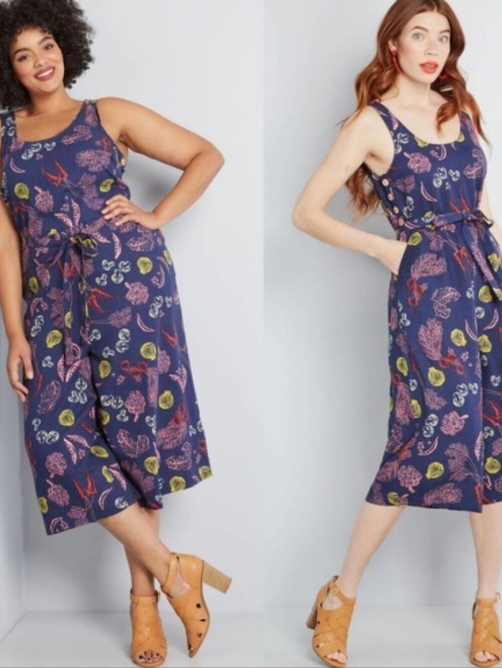 MODCLOTH Elated All-Over Women's Navy Vegetable Print Cropped Jumpsuit Size Med